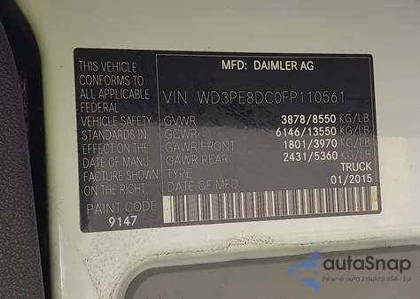 2015 Mercedes-Benz Sprinter 2500 High Roof z USA, uszkodzony, nr VIN WD3PE8DC0FP110561